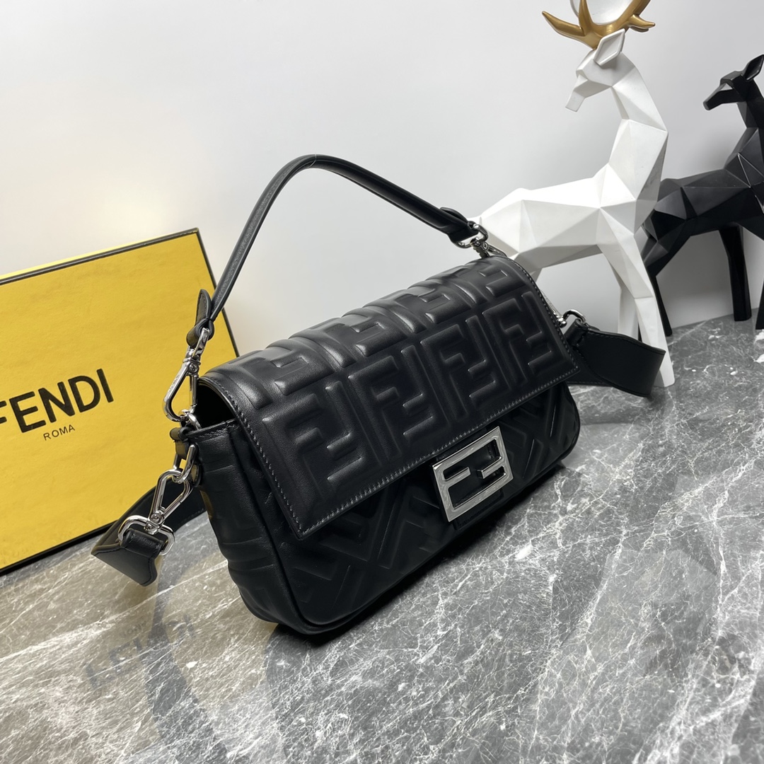 Fendi Medium Baguette Nappa Leather with FF Motif Shoulder Bag Black